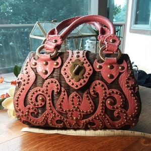 Brown And Pink Wicker Handbag